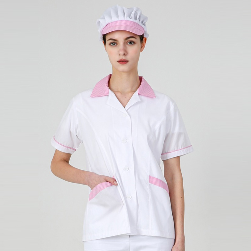 반팔 핑크체크 TC45수 쿨메쉬 액션밴드 위생복 셔츠 / 여성용 / 급식실 주방용 신축성
